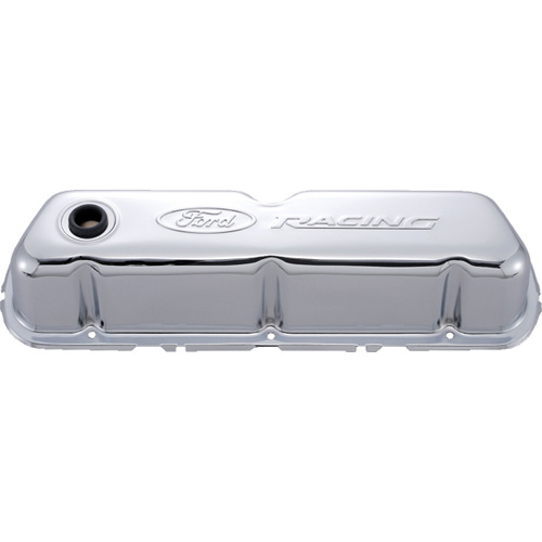 FORD RACING EMBOSSED LOGO STAMPED STEEL VALVE COVERS CHROME